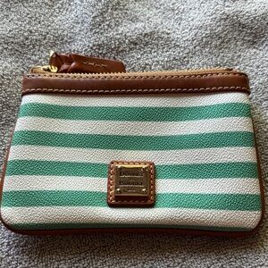 Dooney & Bourke Green and White Striped Wristlet with Brown Trim